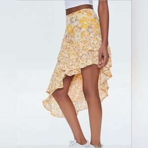 Floral Print Yellow High-Low Skirt